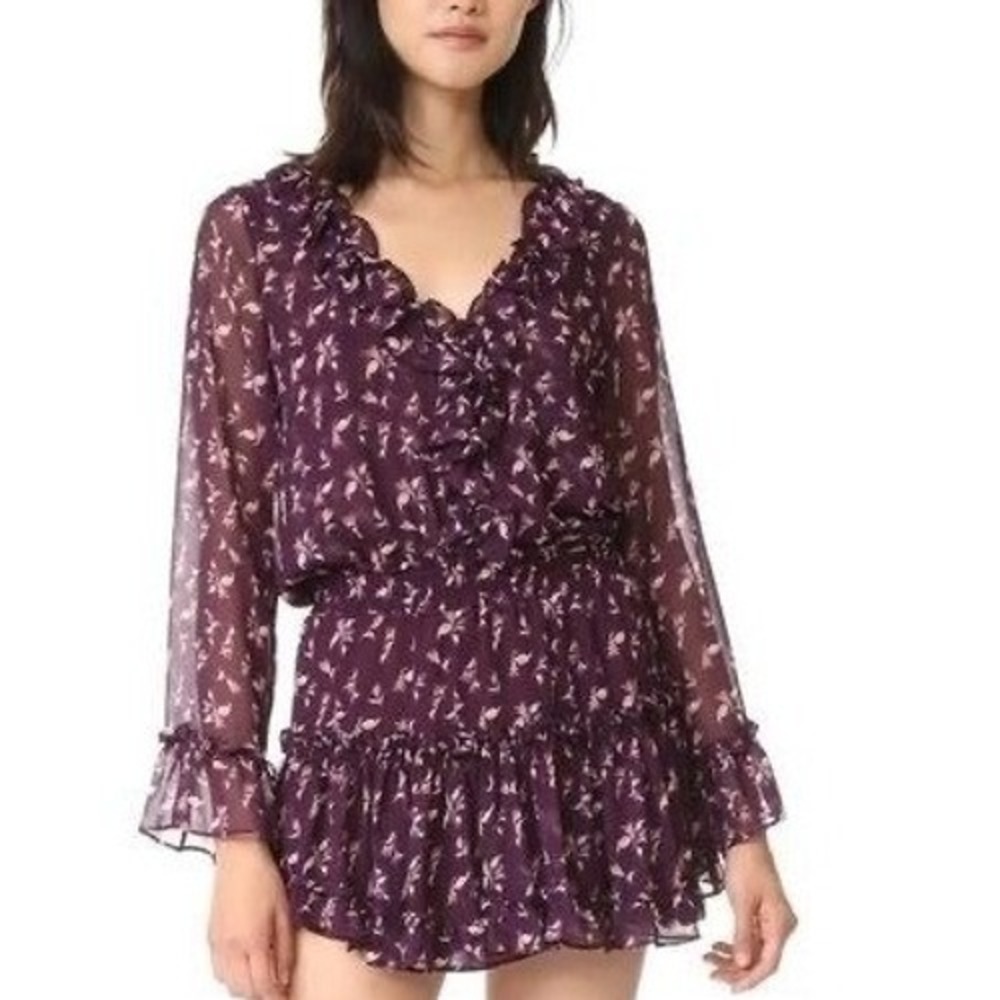 Misa Alina Mini Dress Purple Floral Ruffle Smocked‎ Flirty  Small